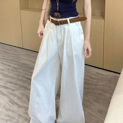 Y2K Korean Style Women's White High Waisted Wide Leg Jeans 2026 Spring Summer New Pleated Design Draped Casual Pants Streetwear