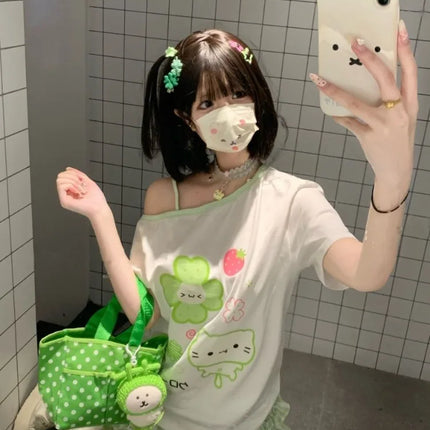 Ezgaga Harajuku T Shirts Women Cartoon Sweet Diagonal Collar Short Sleeve Off Shoulder Funny Tops Female Y2k Ladies Tshirts