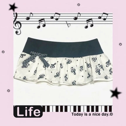 Y2K Music Note Print Mini Skirt, Black White Ruffle Micro Skirt with Polka Dot Bow,Kawaii Aesthetic Low Waist Skirt for Women