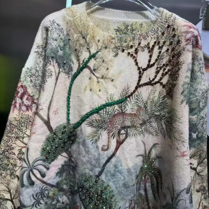 Luxury Vintage Crystal Stones Stitch Sweater for Women Autumn/Winter Sweaters New Knit Outwears Knitwear Pullover Femme Clothes