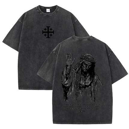 2026 Jesus With Crown of Thorns T Shirt Vintage Washed Grey Graphic Tee Unisex Casual Religious Top