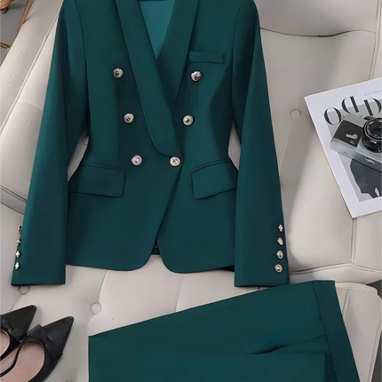 Women Emerald Green Solid Double Breasted Blazer Pants Suit, Metal Buttons Waist Cinched 2 Piece Elegant Office Commute Outfit
