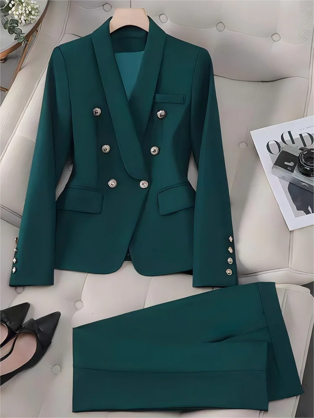 Women Emerald Green Solid Double Breasted Blazer Pants Suit, Metal Buttons Waist Cinched 2 Piece Elegant Office Commute Outfit