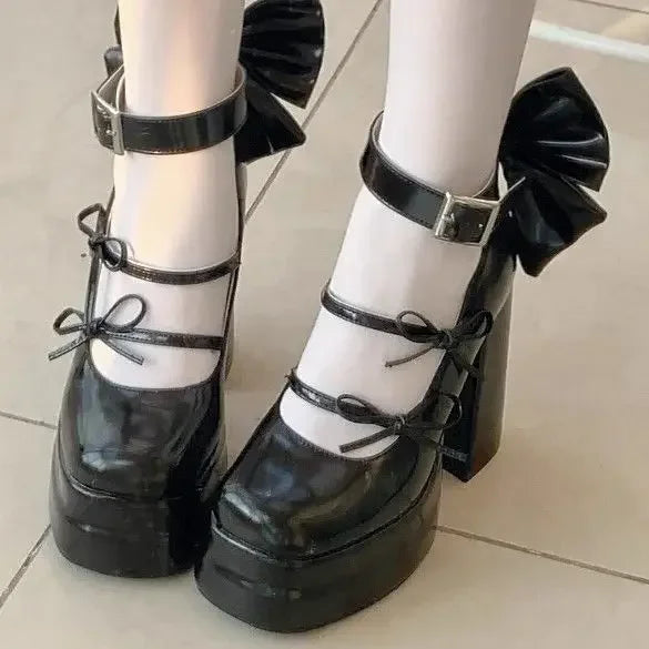 Thick Sole Women's Retro Fashion Mary Jane Shoes Elegant Waterproof Platform Big Bow Chunky Heels Lolita Single Shoes Tacones