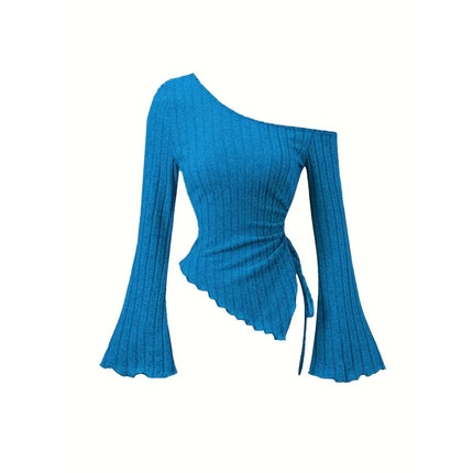 Women's Off-Shoulder Cross Long-Sleeved Slim Fit T-Shirt Asymmetrical Street Style Casual Elegant Top with Trumpet Sleeves