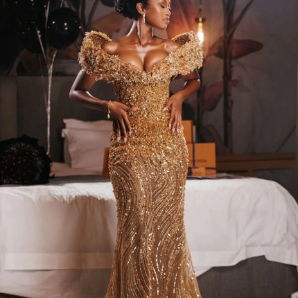 EVLAST Customized Gold Diamond Prom Dress Women 2026 Mermaid Rhinestones Beaded Shiny Party Evening Gown Vestido De Festa FP82