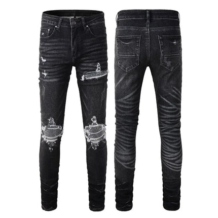 Gray Distressed jeans Holes Paisley Bandanna Patchwork pants Skinny Stretch Ripped Jeans Men