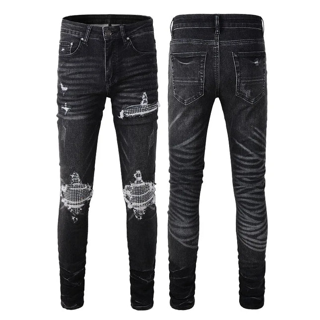 Graue Used-Jeans mit Löchern, Paisley-Bandana-Patchwork, Skinny Stretch Ripped Jeans für Herren