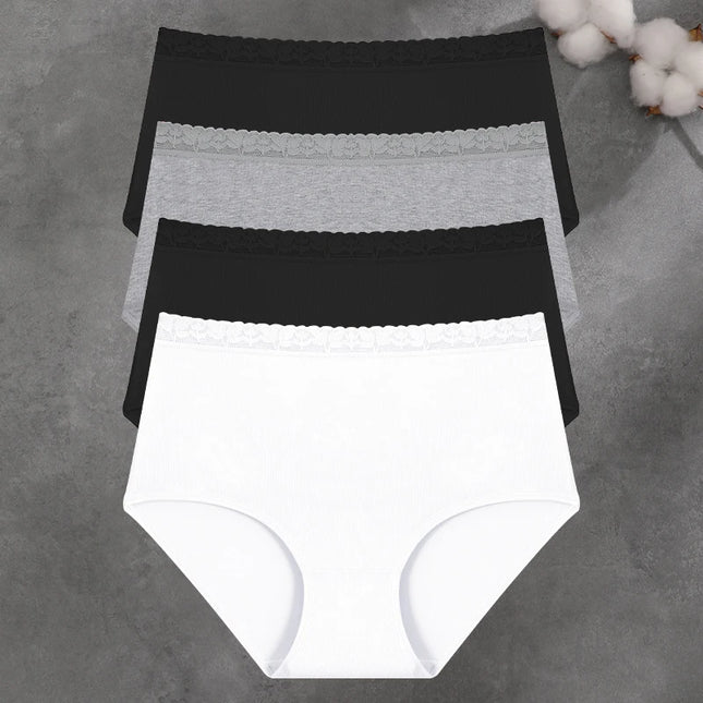 FINETOO 4er-Pack Damen Baumwolle Spitze Blumenmuster Slips Unterwäsche Nahtlos Hoher Bund Elastisch Atmungsaktive Höschen Damen Einfarbige Dessous