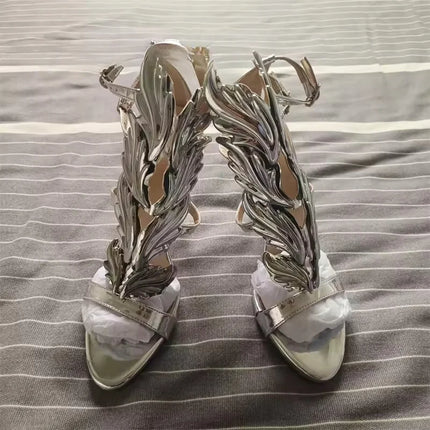 Silver Mirrored Wing Sandals Luxury Women Summer Pumps Leaf Winged Sandals Stiletto Heels Shoes For Summer Party Dress Shoes