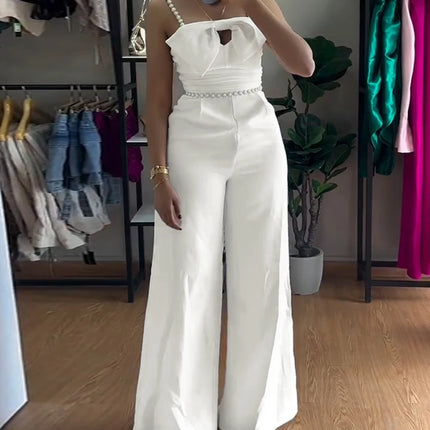 Jumpsuit Women 2025 Spring New Bandeau Beaded Spaghetti Strap Bowknot Design Ruched Slim Fit Jumpsuit Elegant Wide-Leg Overall