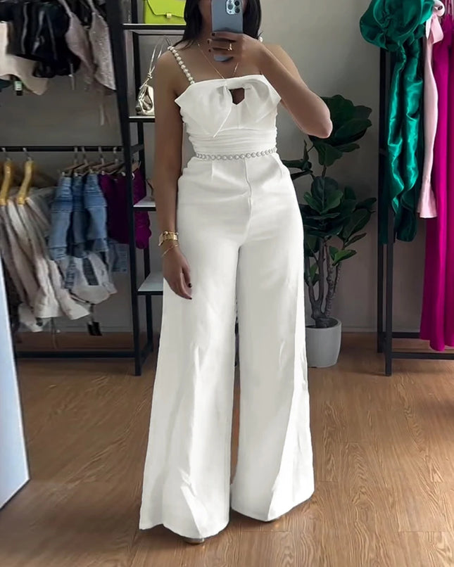 Jumpsuit Damen Frühjahr 2025 Neu Bandeau Perlen Spaghetti-Träger Schleife Design Geraffter Slim Fit Jumpsuit Eleganter Overall mit weitem Bein