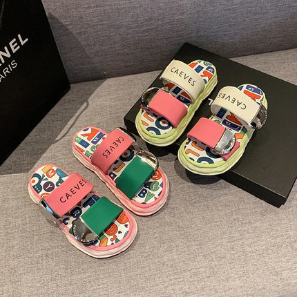 Summer New Platform Soled Ladies Shoes Cross Slippers Women's Wear Graffiti Beach Sandals Metal Buckle Woman Slippers