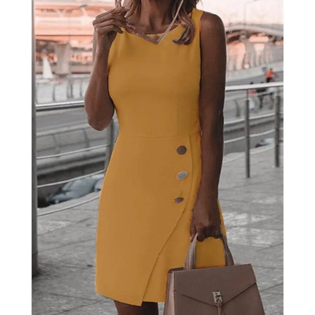Weißes, elegantes kurzes Damen-Trägerkleid mit Rundhals und sexy, schmal geschnittenem, hüftumspielendem Rock, reinem Band, Knopfleiste, Mini-Kleid Neu