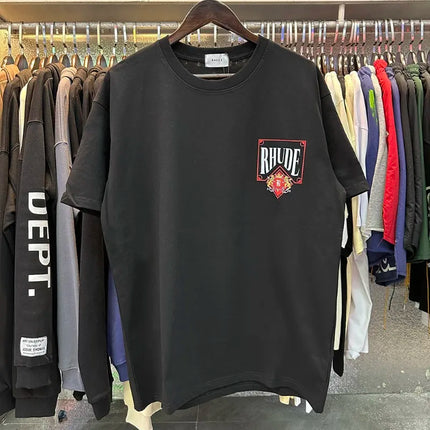 Black Vintage RHUDE Racing Laurel Wreath T-shirt R Logo Grand Prix Crew Neck Cotton RHUDE Casual Streetwear Short Sleeve Top Tee