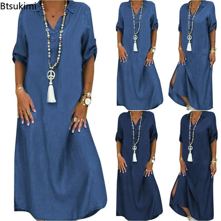 Plus Size 4XL 5XL Casual Denim Dress for Women Spring Summer Dresses Lapel Split Loose Long Ladies Jeans Dress Vestidos Female