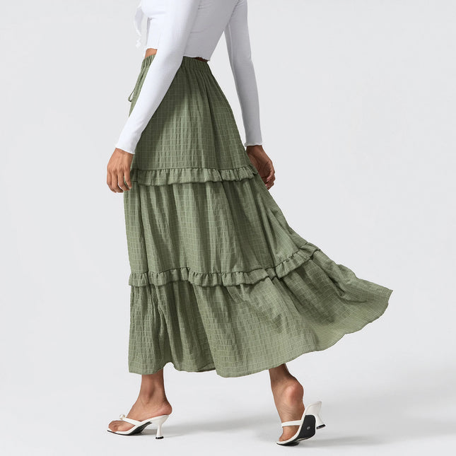 Eleganter Damen Langer Gestufter Rock Sommer Herbst Lässig Gerüschter gesmokter Rüschensaum Elastischer Bund Kordelzug A-Linien-Rock Streetwear