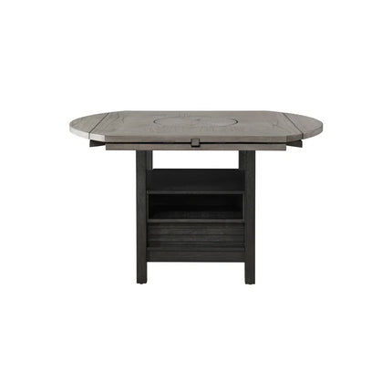 5pc Farmhouse Dining Set with Round Table, Black Gray Natural Grain, Integrated Turntable, Drop Leaves, Built-in Shelving, Fabric Upholstered Chairs
