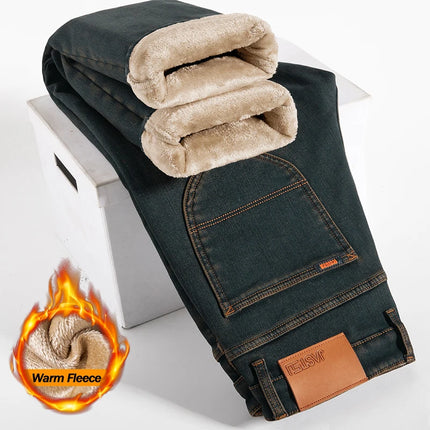High Quality Winter Jeans Men's Warm Fleece Thickened Elastic Denim Pants Fashion Straight Elastic Retro Plush Velvet Pants