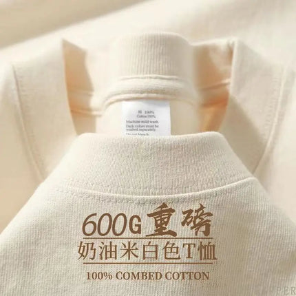 600G  Pure Cotton Short-sleeve T-shirt for Men, Loose-fitting Base Shirt with Small Neckline, Loose-fitting Pure Summer Top