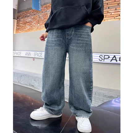 5-14Y Boys Jeans Pants Spring Kids Wide Leg Straight Trousers Autumn Loose-Fit Casual Trousers Children's Trendy Sweatpants