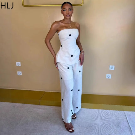 HLJ Women Polka Dot 2 Piece Outfits Elegant Bandeau Tube Top + High Waist Wide Leg Pants Set Summer Casual Streetwear Holidays