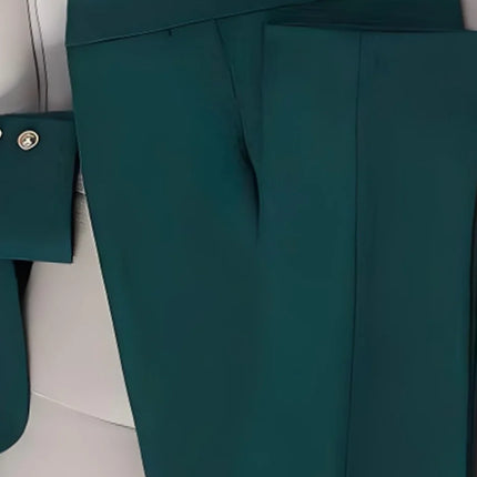 Women Emerald Green Solid Double Breasted Blazer Pants Suit, Metal Buttons Waist Cinched 2 Piece Elegant Office Commute Outfit