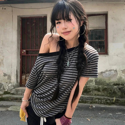 Tonngirls Y2k Japanese T Shirt Women Striped Off Shoulder Grunge Tops Streetwear 2000s Aesthetic Tshirts American Retro Tops Tee