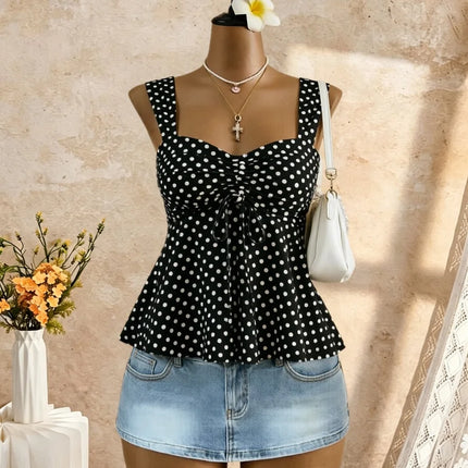 Women Sweetheart Neck Drawstring Ruched Peplum Cami Top Polka Dot Print Sleeveless Casual Camisole Outfit