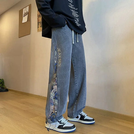 2023 Embroidered Bear Jeans Men's Spring Fall Straight Leg Loose Plus Wide Leg Fashion Brand American High Street Casual Pants