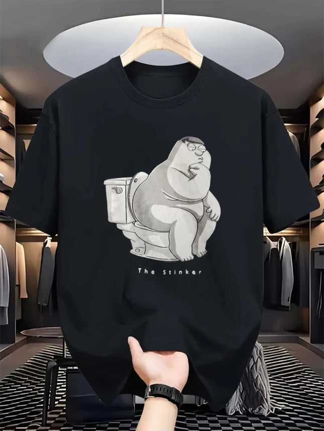 Camiseta de cuello redondo negra casual para adultos de todas las tallas con gráfico de humor de baño de Peter Griffin de Family Guy The Stinker