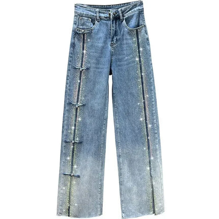 Rhinestone Jeans Women's Wide-Leg Pants 2023 Spring New High Waist Loose and Slimming Mop Pants Fashionable Trousers