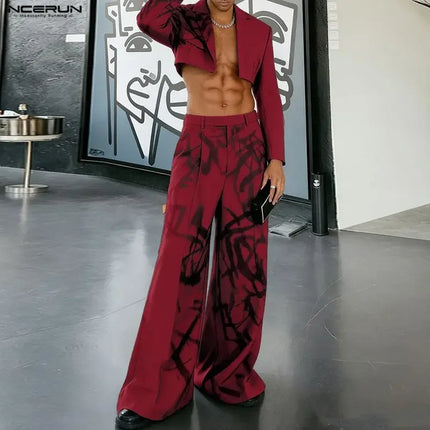 INCERUN Men Sets Printing Lapel Long Sleeve Crop Blazer & Pants Two Pieces Sets Streetwear Loose Fashion Men Casual Suits S-5XL