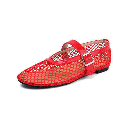 LeShion Of Chanmeb Brand Mesh Net Ballet Flats Shoes for Women Strap Buckle Breathable Cool Spring Summer INS Ballerina Shoes 43