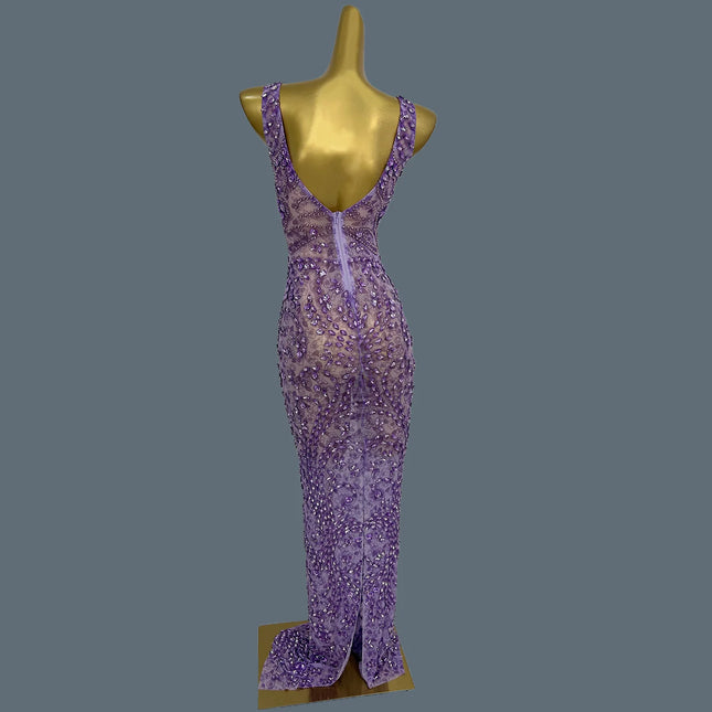 Damen Funkelndes Strassstein Lila Couture Geburtstagsparty Sexy Ball Langes Kleid Elegant Durchsichtiges Mesh High-End Event Kleid Zixia