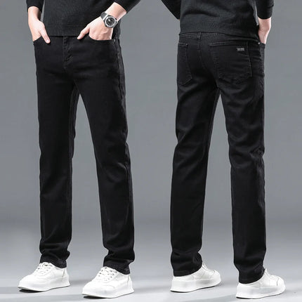 2025 New Winter Pure Black Fleece Thick Warm Jeans Men's loose Straight Elastic Denim Pants classics Casual Plush Trousers