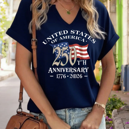 Women's V-Neck "USA 250th Anniversary 1776-2026" Graphic Tee, American Flag Print T-Shirt, Casual Patriotic Short Sleeve Top