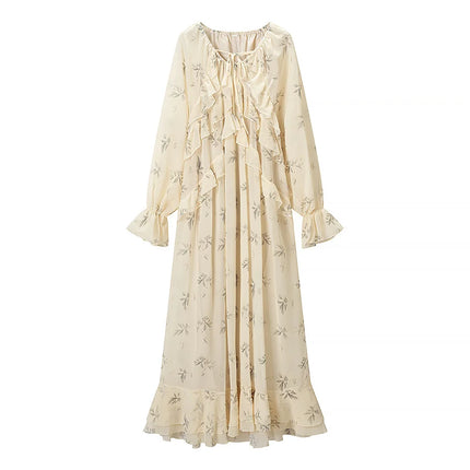 YENKYE  New 2026 Women's Floral Print Ruffle Trim Long Sleeve Maxi Dress Loose Fit Boho Beach Vacation Dresses