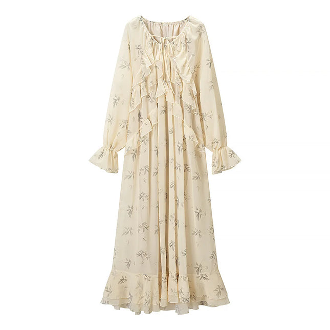 YENKYE Neu 2026 Damen Maxikleid mit Blumenmuster, Rüschensaum, langen Ärmeln, lockere Passform, Boho-Strandkleider für den Urlaub