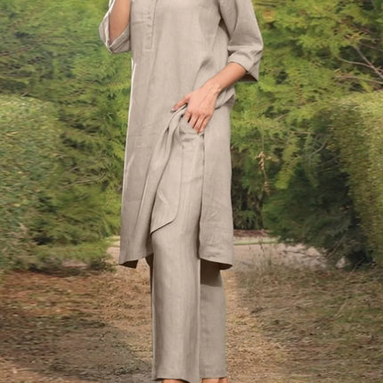 Muslim Women Wide Leg Pant Sets Shirts Loose Solid Two Piece Set V Neck Full Sleeve Long Tops Button Spliced Musulman Ensembles