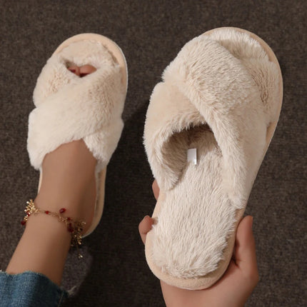 Beige plush crossband slippers shown on foot and held by hand