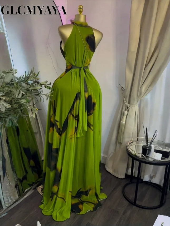 GLCMYAYA Damen bedrucktes ärmelloses Kleid mit Gürtel, tailliert und ausgestellt, A-Linie, Maxikleid 2026 Streetwear Strandurlaub lange Kleider Vestido