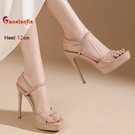 2026 Summer Nude Pink Women's Sandals Round Toe Thin Heels 12/14cm Back Ankle Buckle Straight Open Toe Ladies Pumps Dress Shoes