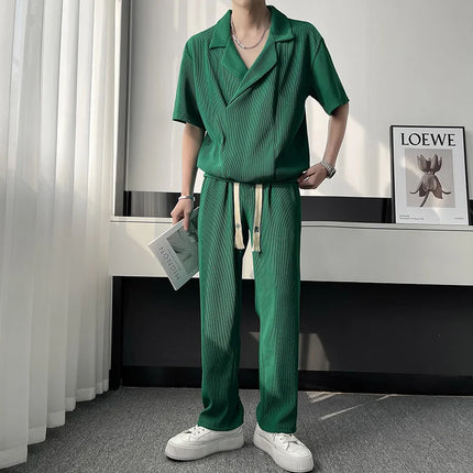 2025 Summer Pleated Sets Men Fashion Casual Short Sleeved T shirt/Trousers Two-piece Mens Korean Loose Ice Silk Sets Men 3-color
