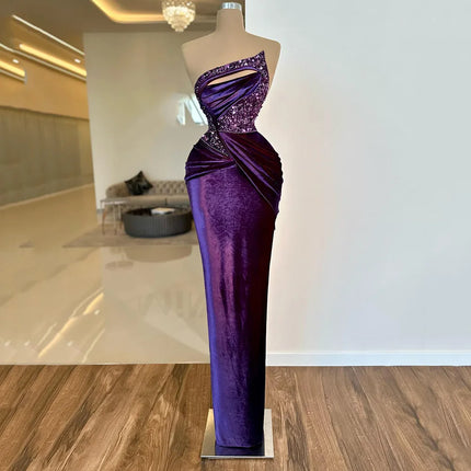 Yipeisha Asymmetric Mermaid Evening Gown  Purple Velvet Prom Dresses Beaded Velour Pageant Party Gowns Customized