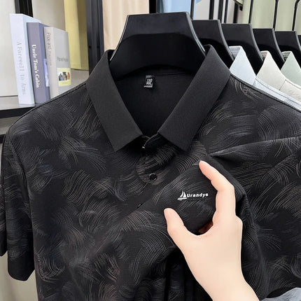 Mens Business Casual Feather Print Short Sleeve Polo Shirts Tops Soft Breathable Fashion Shirts for Men