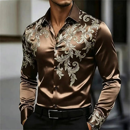 Men's Satin Paisley Printed Shirt Luxury Glossy Long Sleeve Casual Button Down Dress Shirts Nightclub Party Wear