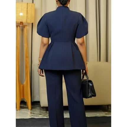 Women Stand Collar Puff Sleeve Button Peplum Top And Straight Leg Pants For Elegant Office Business And Daily Occasion