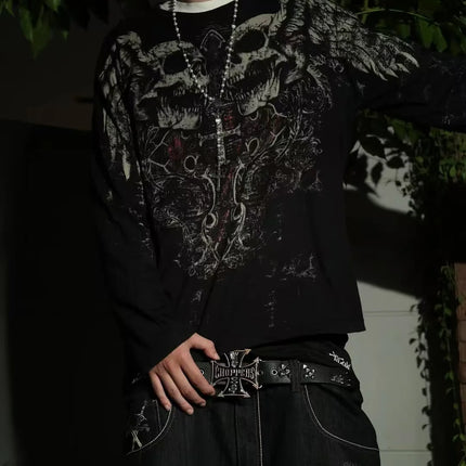 Y2K New Vintage Gothic Skull Wing Printed Long Sleeve Street Trend Pure Cotton Top Men Hip Hop Gothic Harajuku Oversize T-shirt