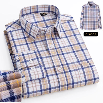 Mens 100% Cotton Casual Shirt Slim Fit Button Classic Striped Plaid Long Sleeve Shirts Single Pocket Comfortable Workwear Shirts